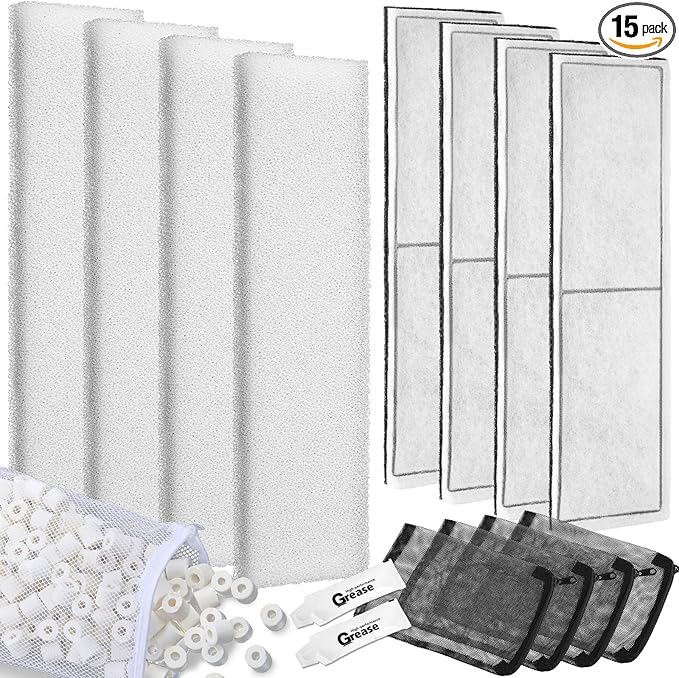 Threlaco 15 Pcs / 2 Set Underwater Filter Media Compatible with Fluval U3, Including 4 Filter Foam Pad, 4 Poly/Carbon, 500g Bio-Ring, 4 Mesh Bags, 2 Grease, for Freshwater Saltwater Aquariums