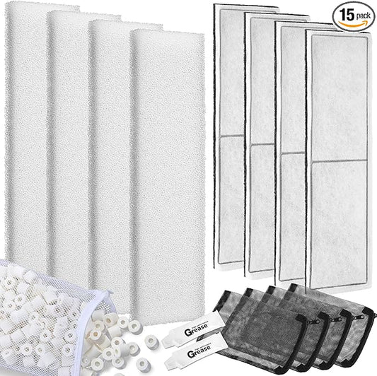 Threlaco 15 Pcs / 2 Set Underwater Filter Media Compatible with Fluval U3, Including 4 Filter Foam Pad, 4 Poly/Carbon, 500g Bio-Ring, 4 Mesh Bags, 2 Grease, for Freshwater Saltwater Aquariums
