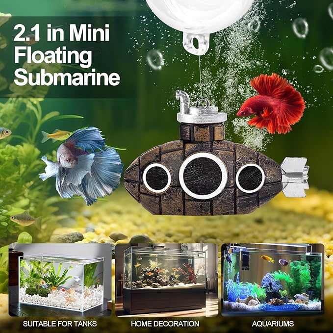 CousDUoBe 2.1 in Mini Floating Submarine Fish Tank Decoration Set，Cute Retro Submarine Set and Floating Diver,Aquarium Decorations Resinous Betta Fish Tank Accessories