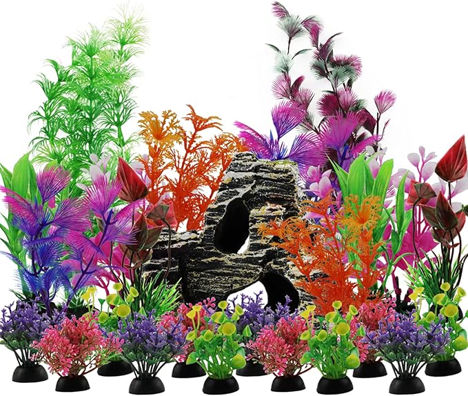 Aquarium Decorations Plants with Rockery View, 25pcs Aquarium Decor Plants and Rock Cave Hideout Ornaments, Fish Tank Accessories, Fish Tank Plants Plastic Decoration for Aquariums