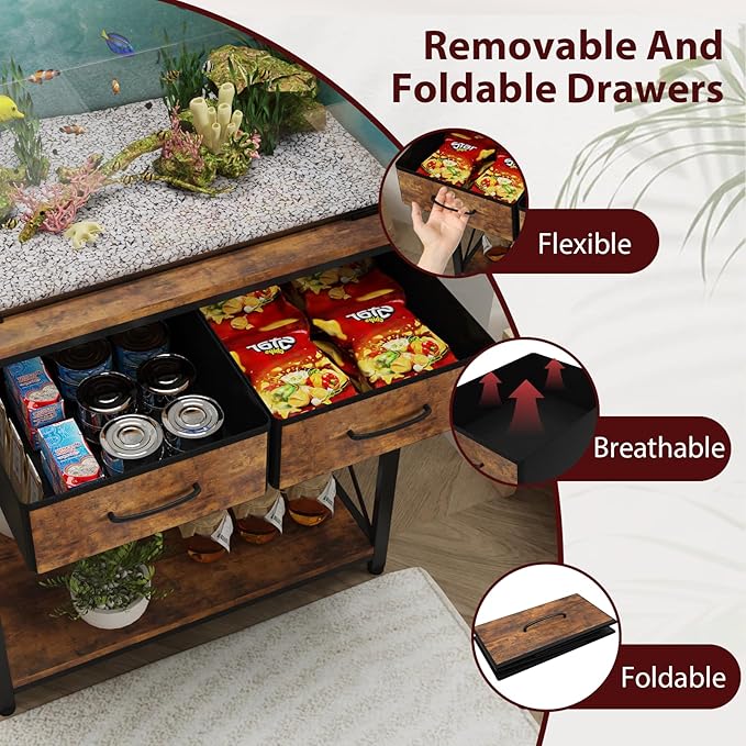 20-29-37Gallon Fish Tank Stand with Power Outlet, Heavy Duty Metal Aquarium Stand with Two Storage Drawers for Fish Tank Accessories Storage, Perfect for Turtle Tank, Reptile Terrarium, Brown
