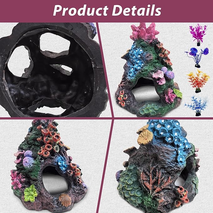 PINVNBY 5 PCS Colorful Coral Small Fish Tank Decorations, Resin Mountain Ornament and Artificial Aquarium Plants for Goldfish Betta Fish Tank Cave Hideout Sleep Rest Play Breed