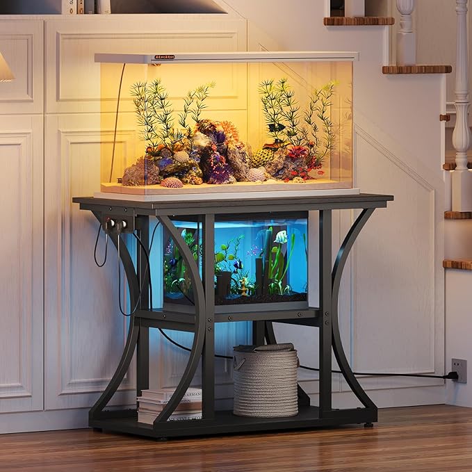 50 Gallon Aquarium Stand with Power Outlets Fish Tank Stand with 3-Tier Storage Shelves Display Stand for Turtle Tank Shelves Metal Frame Stand for Living Room Office Entryway(Black)