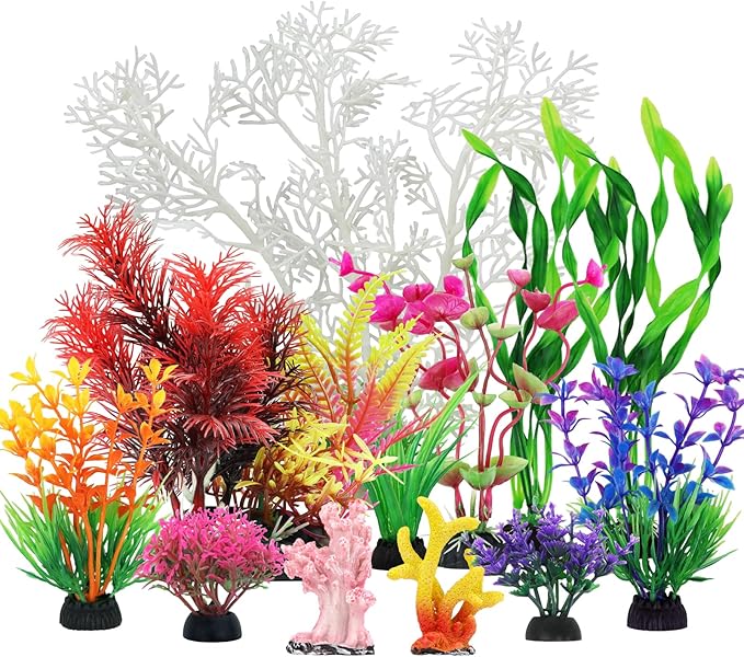 QUOZUO Aquarium Decorations Plants with Resin Coral, 12 pcs Fish Tank Accessories, Fish Tank Decorations Small Plants Plastic, Aquarium Decor Artificial Plant