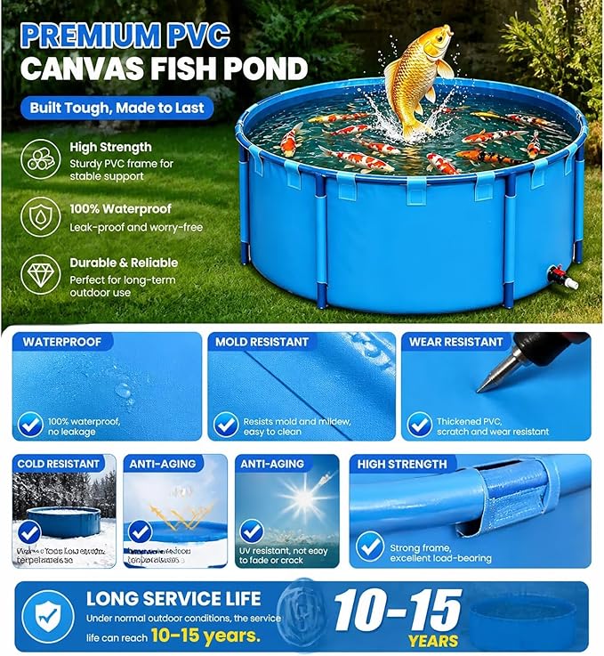 70.8 * 39.4 in Above Ground Pond(660 Gal) 0.9MM Thickened Round PVC Koi Fish Pond,Portable and Foldable Fishponds Suitable for Aquaculture and Agricultural Water Storage with Anti-Jump Net