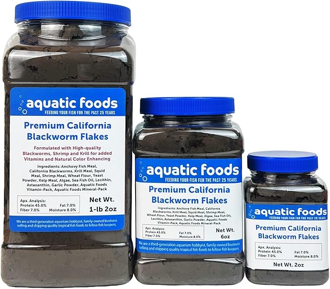 California Blackworm 45% Protein Premium Flakes for Discus, Cichlids, All Tropical Fish Also Pellet Mix, Wafer Mix Included…1-lb 2oz