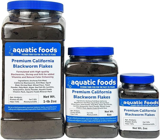 California Blackworm 45% Protein Premium Flakes for Discus, Cichlids, All Tropical Fish Also Pellet Mix, Wafer Mix Included…2oz