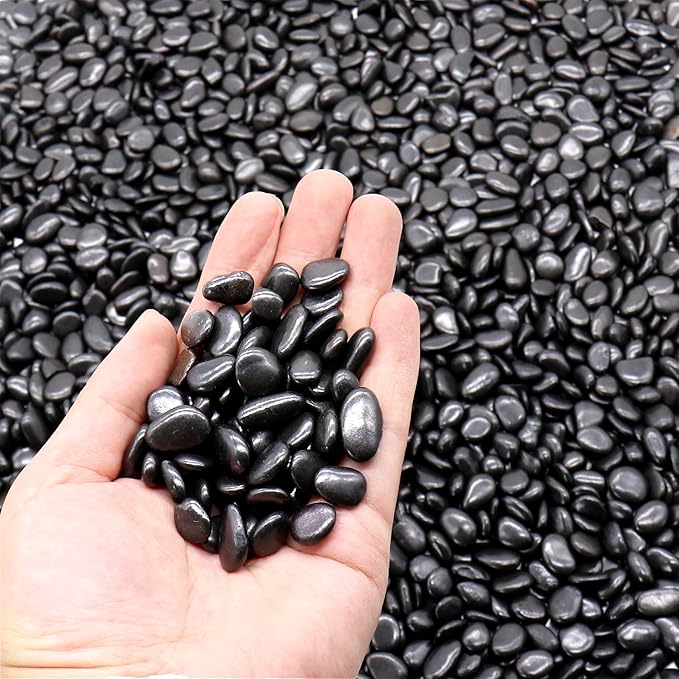 Black Rocks for Plants. Black Decorative Polished Pebbles. 1/5 Inch – 5 lbs. for Plants, Garden, Landscaping, Vase fillers, Succulents, pots (Mini (0.2 Inch), Black -Polished, 5)