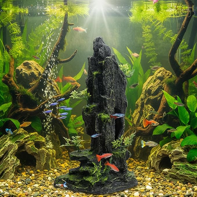 14.4" Tall Aquarium Cave Decor, Large Resin Mountain Hideout with Artificial Plants, Rock Shelter for Betta & Cichlid, Landscape Ornament for 20-40 Gallon Freshwater & Saltwater Tank