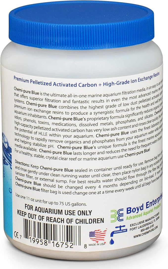 Boyd Chemi‑Pure Blue 11 oz Aquarium Filtration Media Premium Extruded Carbon + Ion‑Exchange Resins in Nylon Bag Clears Toxins, Phosphates & Metals