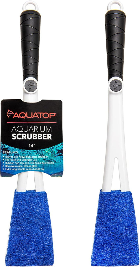 Aquatop 14" Heavy Duty Glass Aquarium Scrubber – Ergonomic Long Handle, Strong Pad for Removing Build-Up & Water Marks, AASC-14