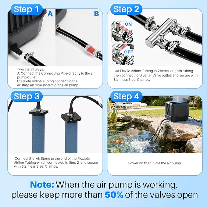 POPOSOAP Pond Aerator Accessories Kit, 52.4 Ft Flexible Black Pond Aerator Tubing with 2-Way Splitter & 2 Air Stones for Ponds, Fish Tanks, Aquariums, Septic Tanks (10mm ID) P802
