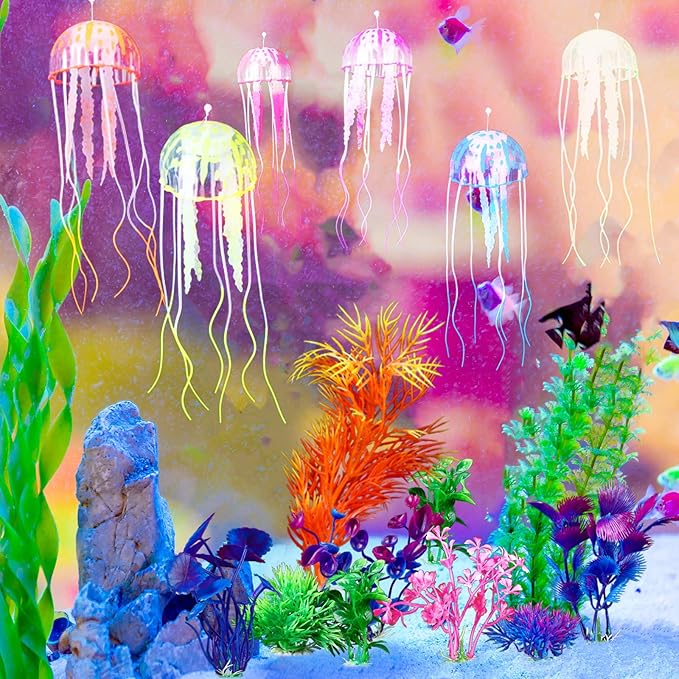 Yinder 17 Pcs Fish Tank Decorations, Include 11 Aquatic Plants and 6 Artificial Jellyfish, Colorful Fish Tank Plastic Plants Accessories for Aquarium Household and Office