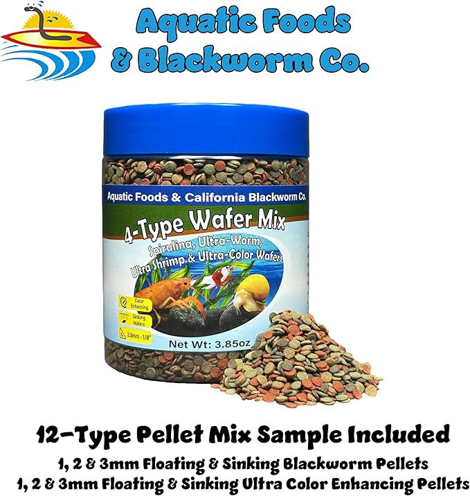 4-Type 3.5mm - 1/8" Sinking Wafer Mix of Spirulina-Algae, Ultra-Worm, Ultra-Shrimp, Color Enhancing Wafers for Shrimp, Snails, Crayfish, All Tropical Fish, 3.5mm..5oz Canister