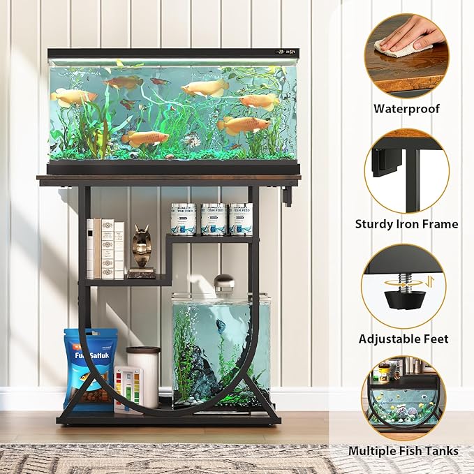 HavenlyYouth 20-29 Gallon Fish Tank Stand with Power Outlet, Metal U Shaped Aquarium Stand with Storage Shelves, Heavy Duty Terrarium Rack for Home Office, 31.5" L x 15.7" W x 29.4" H, Rustic Brown