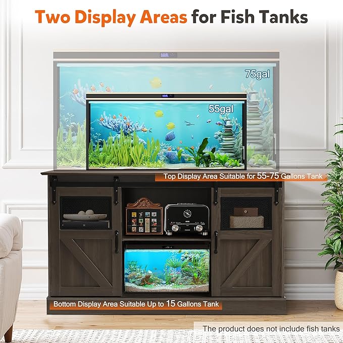 MAGIC UNION 55-75 Gallon Large Fish Tank Stand with Power Outlet, Heavy Duty Aquarium Stand with Sliding Barn Doors, Turtle Reptile Terrarium Stand with Cabinet for Accessories Storage, 1300LBS (Gray)