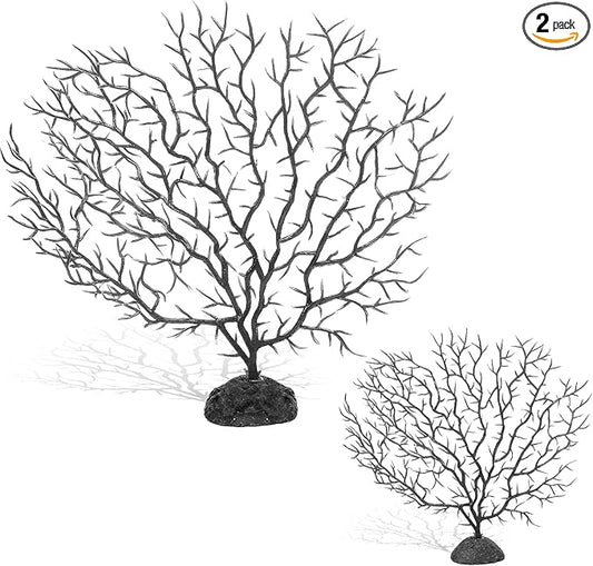 Piutouyar 2Pcs Sea Fan Coral Decorations, Black Simulation Sea Coral Branch for Aquarium Ornament Fish Tank Landscape (11.8inch+6.7inch)