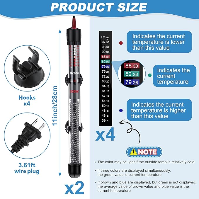 Dreyoo 2 Set 300W Submersible Aquarium Heater, Adjustable Aquarium Fish Tank Heater with 4 Thermometers Stickers and Suckers, Adjustable Knob Thermostat for Marine Saltwater and Freshwater