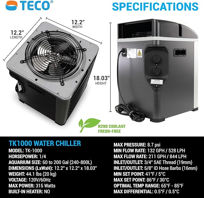 TECO 1/4 HP Aquarium Water Chiller - Ultra-Quiet, Energy-Efficient Temperature Control for Reef, Saltwater, Freshwater & Axolotl Tanks up to 200 Gallons
