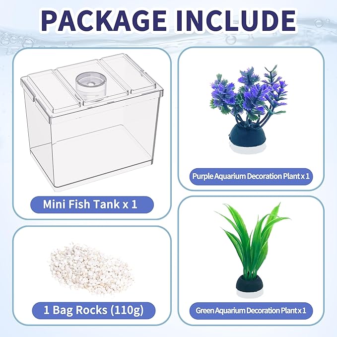 MoonOrange Mini Betta Fish Tank, Small Fish Bowl for Temporary Space, 0.2 Gallon Stackable Cube Tank with Artificial Plants and Gravels for Small Fish, Insect, Shrimp, Crab, Spider. (Pack-1)