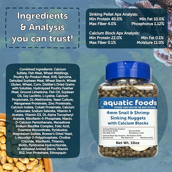 Calcium Blocks Included in Snail & Shrimp 4mm Sinking 40% Protein Nuggets. Ideal for All Snails, Shrimp and Bottom Tropical Fish…4-lbs 12oz Jar