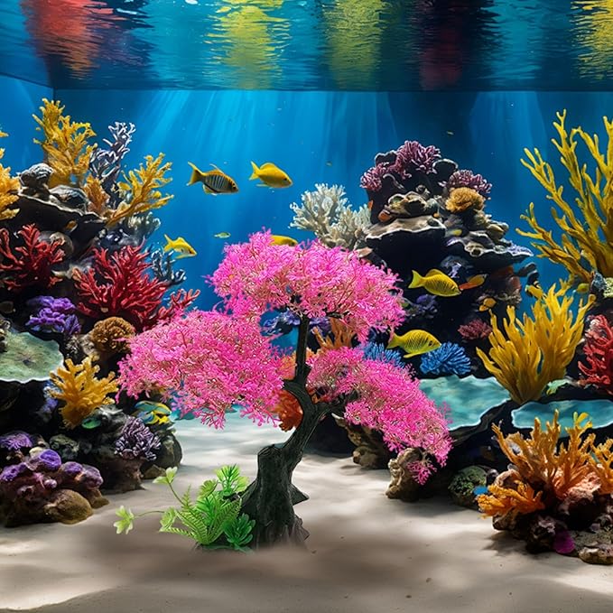 Aquarium Artificial Plants Decor, Cherry Blossom Tree with Grass Set, Pink Plastic, 9.44x3.54x2.75 Inches, for Nature Underwater Landscape (Green)