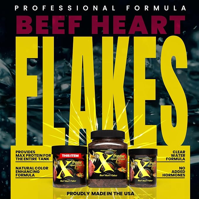 Xtreme Beef Heart Flakes - High Protein, Nutrient-Dense for Tropical & Freshwater Fish, Supports Growth, Color Enhancement, Easy Digestion - Ideal for Discus and Cichlids (2oz)
