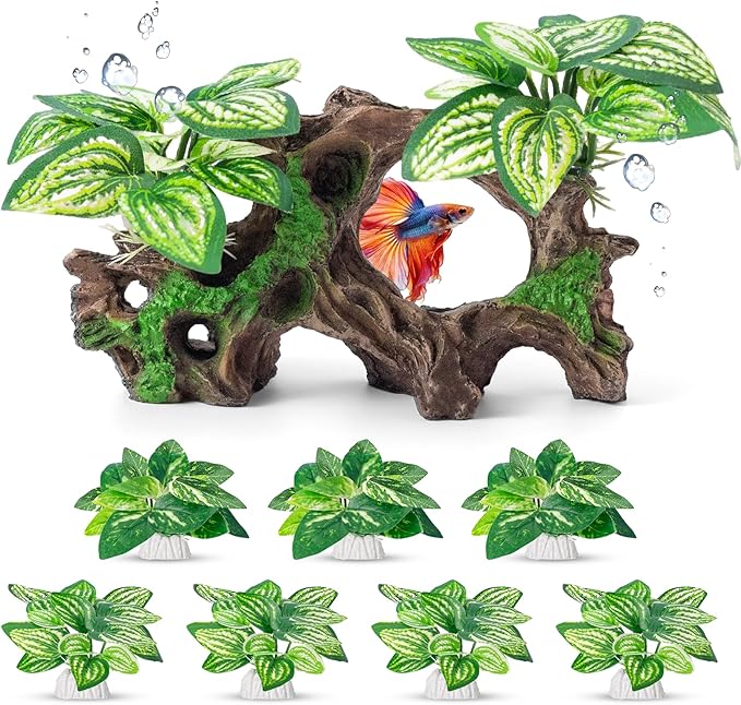 CousDUoBe 8 Pcs Fish Tank Decor，Silk Aquarium Plants Green Silk Leaf pad Hammock Artifical Driftwood cave Betta Fish Tank Accessories 7 x 2.8 x 4 inches(LxWxH)