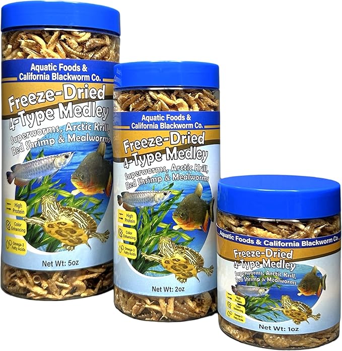 4-Type Medley Mix of Freeze Dried Superworms, Krill, Red Shrimp, Mealworms for Monster Fish, Reptiles, Turtles, Tortoises, Frogs, Hamsters, Birds, Rodents 2oz Canister