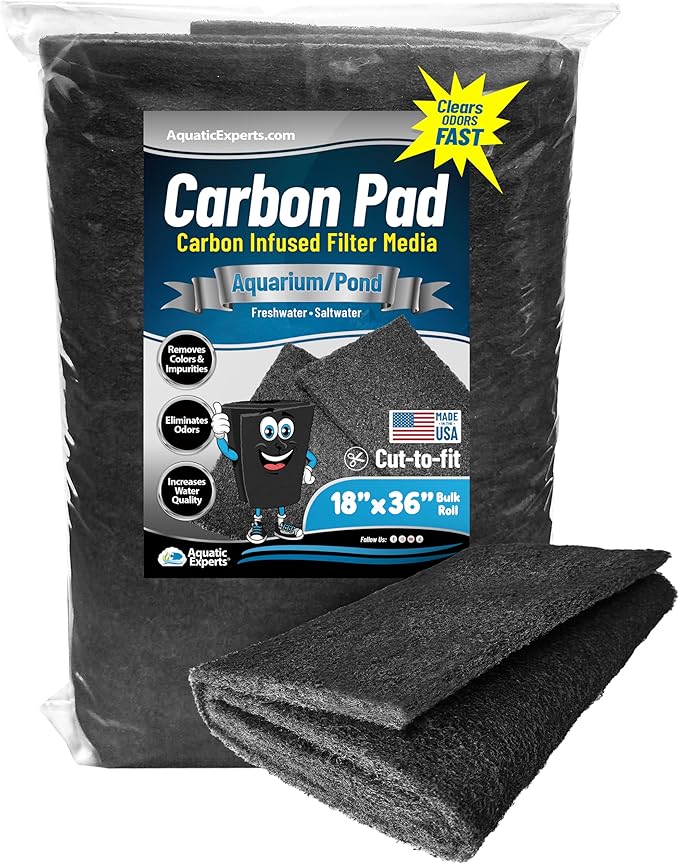 Aquarium Carbon Pad – Cut‑to‑Fit Carbon Infused Filter Pad Media for Crystal Clear Fish Tanks and Ponds, 3/8"–1/2" Thick (18 Inch Width, 36 Inch Long)