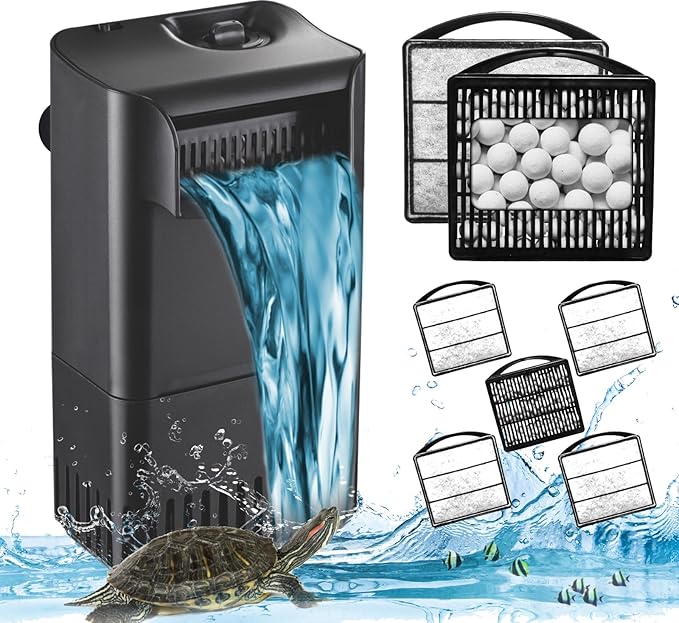Turtle Tank Filter Power Adjustable 10-40 Gal. 222 GPH Aquarium Filter w/ Filter Mdeia Accessories 1Pcs Ceramic Ball Plate & 4pcs Low Water Level Power Filter Replacement Sponge Clip for IX-90 Filter