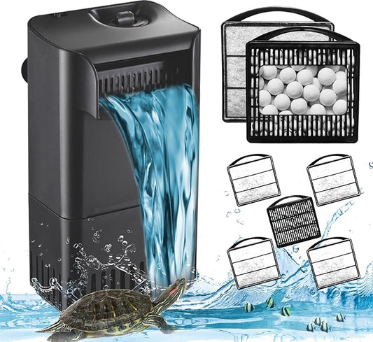 Turtle Tank Filter Power Adjustable 10-40 Gal. 222 GPH Aquarium Filter w/ Filter Mdeia Accessories 1Pcs Ceramic Ball Plate & 4pcs Low Water Level Power Filter Replacement Sponge Clip for IX-90 Filter