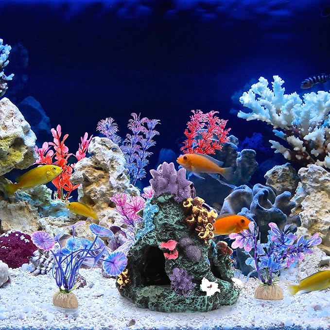 Eorbow 7 pcs Aquarium Colorful Coral Reef, Fish Tank Decoration Mountain Ornament, Rock Cave Landscape with 6 Aquatic Plants, Hideout House Decor for Betta Fish