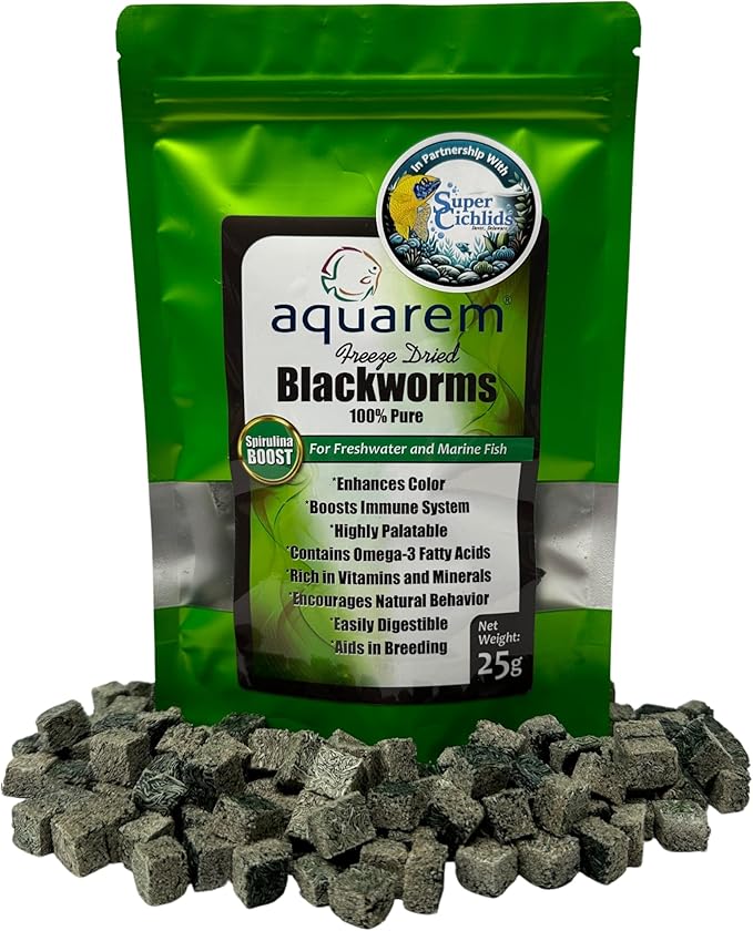 Premium Grade Freeze Dried California Blackworms with Spirulina Boost - High-Protein, All Natural Fish Food from Temp Controlled Hatchery for Vibrant Cichlids, Tropical & Marine Fish (25 Grams)