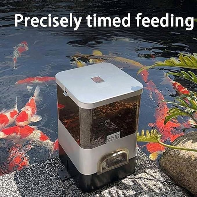 Automatic Fish Feeder for Pond, Large Capacity 10L with Timer Auto Outdoor Koi Fish Feeder Support WiFi and Solar Panel Charging for Vacation, Weekend Or Daily Use(Silver)