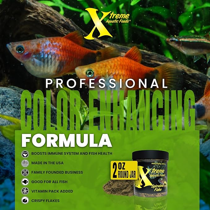 Xtreme Spirulina Flakes - Balanced Herbivorous Diet for Tropical and Marine Fish, Enhanced Health, Vibrant Colors - USA Farm Grown - Ideal for Cichlids, Barbs, Tetras and Guppies (2oz)
