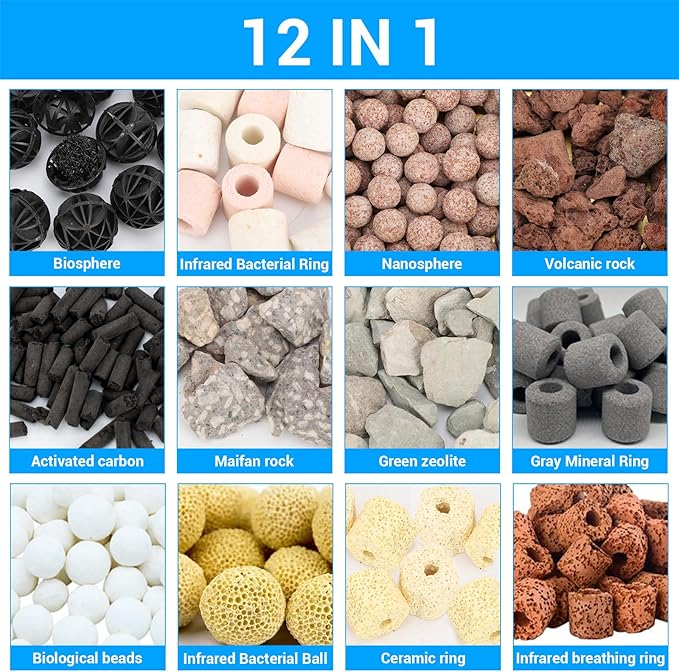Segarty Filter Media,12 in 1 Bio Media for Aquarium Sump Filter Ceramic Rings Activated Carbon Bio Balls Freshwater Marine Biological Filter Media for Koi Fish Tank Pond Canister (2.2lb with Mesh Bag)