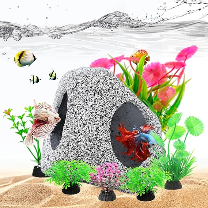 Fish Tank Decorations kit, Aquarium Decor Hideaway Rock Cave x 1pc, Fish Tank Accessories Aquatic Plants x 6pcs