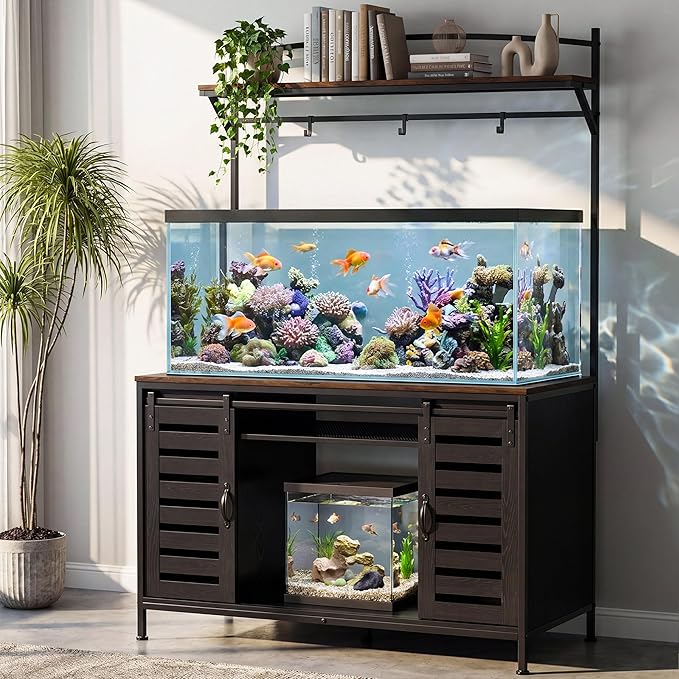 Petrova 100-120 Gallon Fish Tank Stand with Power Outlet, Metal Double Aquarium Stand with Storage Cabinet and Sliding Barn Door, Heavy Duty Reptile Tank Stand, 48" L* 24"W Tabletop, 1000LBS Capacity, Black