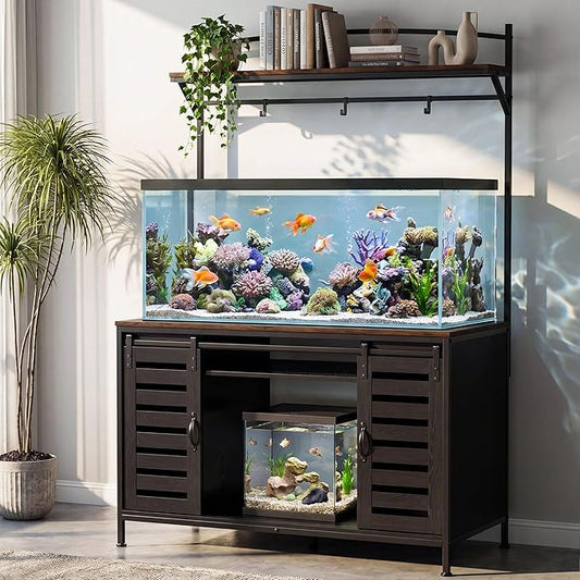 Petrova 100-120 Gallon Fish Tank Stand with Power Outlet, Metal Double Aquarium Stand with Storage Cabinet and Sliding Barn Door, Heavy Duty Reptile Tank Stand, 48" L* 24"W Tabletop, 1000LBS Capacity, Black