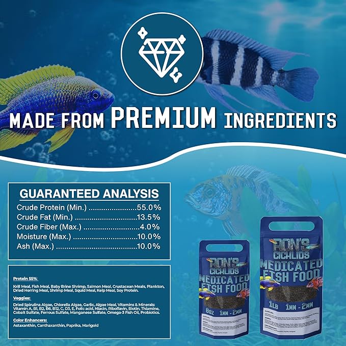 RON'S CICHLIDS Medicated African Cichlid Fish Food Pellets - USA Made Slow Sinking Cichlid Pellets - Treats Bloat, Ich, and More - Juvie Cichlid Food Blend, 1 LB