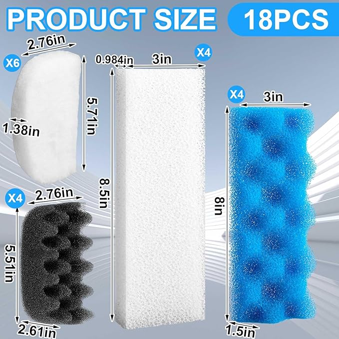 Threlaco 18 Pcs Compatible with Fluval 206/207 Aquarium Filters Sponge Set, Including Foam Pad, Water Polishing Pad, Foam Max, for Replacement Filter Media