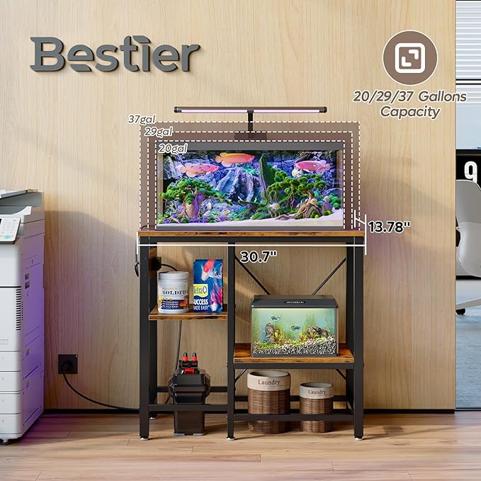 Bestier 20-29-37 Gallon Fish Tank Stand with Power Outlet, 30x13 Metal Aquarium Stand with Filter Storage, 6-Leg Reptile Tank Stand with 3-Tier Adjustable Storage Shelves, 400LBS Capacity