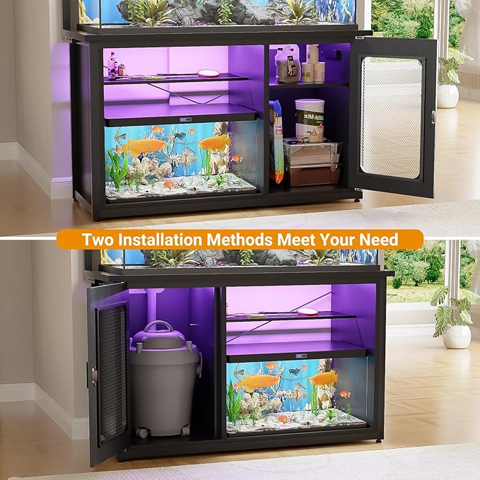 Unikito 55-75 Gallon Fish Tank Stand With Power Outlets & LED Light, Heavy Duty Aquarium Cabinet for Accessories Storage, Reversible Reptile Tank Terrarium Stand, Black