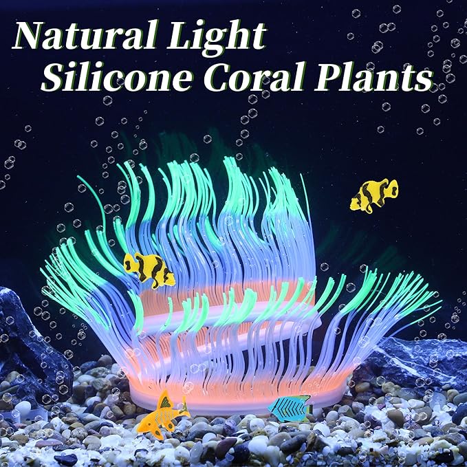 Silicone Glowing Aquarium Decorations, Fluorescence Coral, Glowing Sea Anemone Decor, Glowing Sucker Coral for Aquarium Decor Purple Pink Green 1 Set