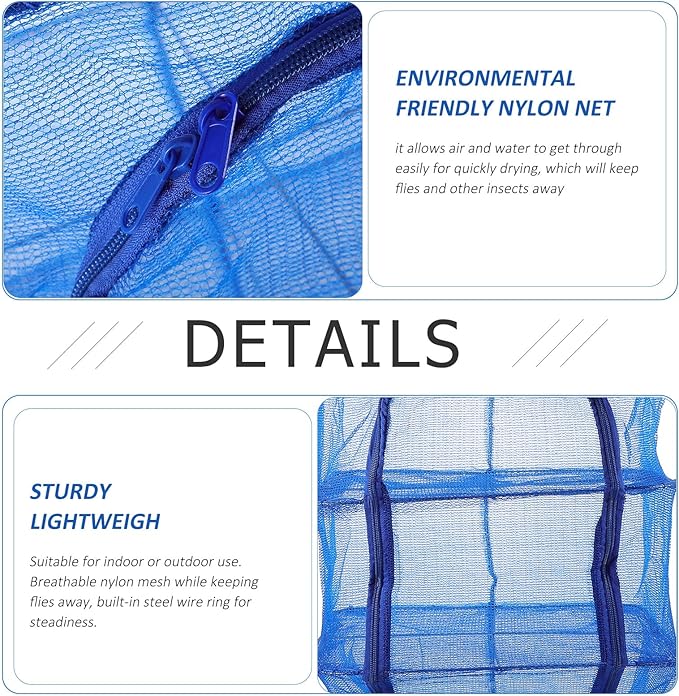 BESPORTBLE Mesh Food Drying Rack Folding Fish Drying Net 4-Layer Hanging Dryer Collapsible Dry Net with Zippers for Shrimp Fish Fruit Vegetables (66X35X35Cm)