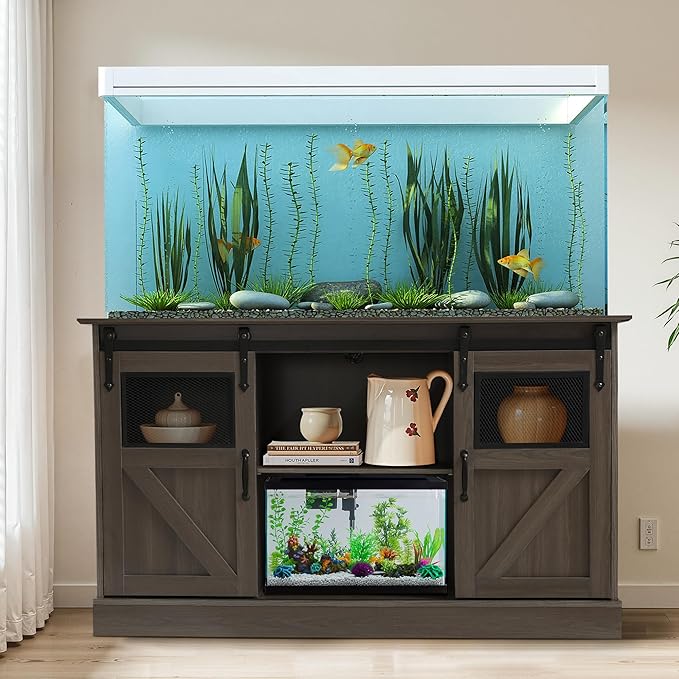MAGIC UNION 55-75 Gallon Large Fish Tank Stand with Power Outlet, Heavy Duty Aquarium Stand with Sliding Barn Doors, Turtle Reptile Terrarium Stand with Cabinet for Accessories Storage, 1300LBS (Gray)