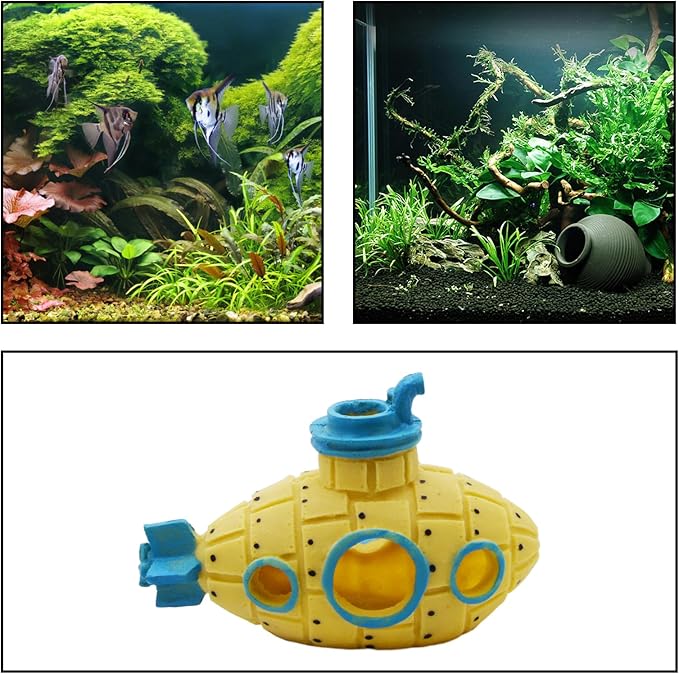 Saim Little Cute Retro Submarine Aquarium Decoration,Cave Landscaping Ornament for Shrimp Shelter Betta Cichlid Goldfish Hermit Crabs Fish Tanks Fish Toy - Yellow