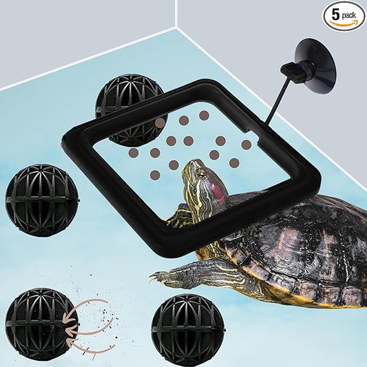 Turtle Feeding Ring for Fish Tank and 4pcs Nitrifying Balls Set, Float Fish Food Holder and Aquatic Toys for Turtles Tortoise Goldfish Guppy Koi Puffer, Aquatic Turtle Tank Accessories (Black Square)