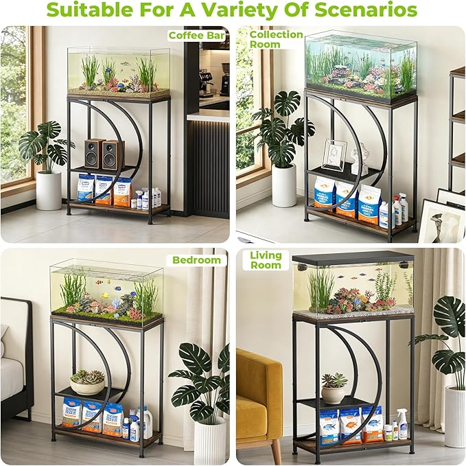 10 Gallon Fish Tank Stand, Aquarium Stand with Smooth Wood Board and Matte Black Iron Frame, Heavy Duty Sturdy Design for Home Office Use, Black (Tank not Included)